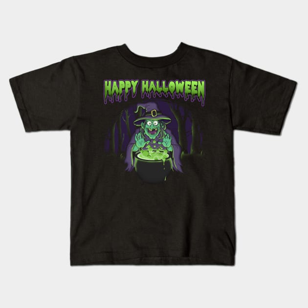 Scary Witch Happy Halloween Cauldron Potion Kids T-Shirt by theperfectpresents